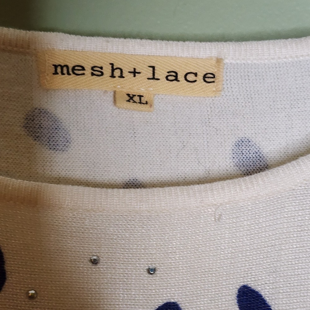 Mesh + Lace Sweater XL Ivory Red Blue Studded Pullover 3/4 Sleeve Shoes Heels - Picture 3 of 7